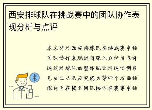 西安排球队在挑战赛中的团队协作表现分析与点评